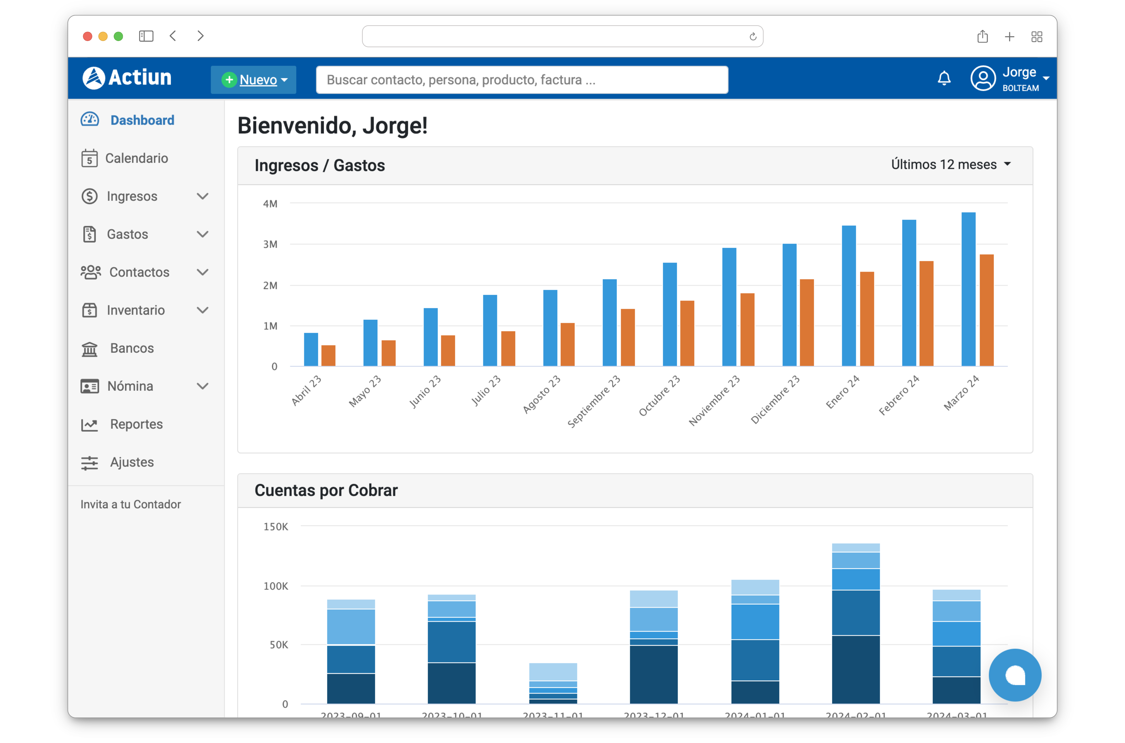 Dashboard de Actiun - Software administrativo para empresas que buscan crecer organizadamente